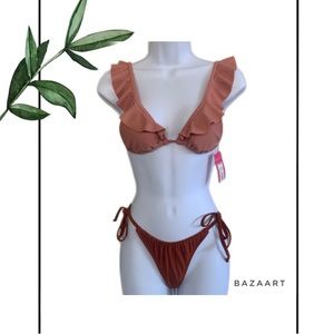 Xhilaration Dusty Pink Ruffle Bikini Top & Brown Bikini Bottom Set